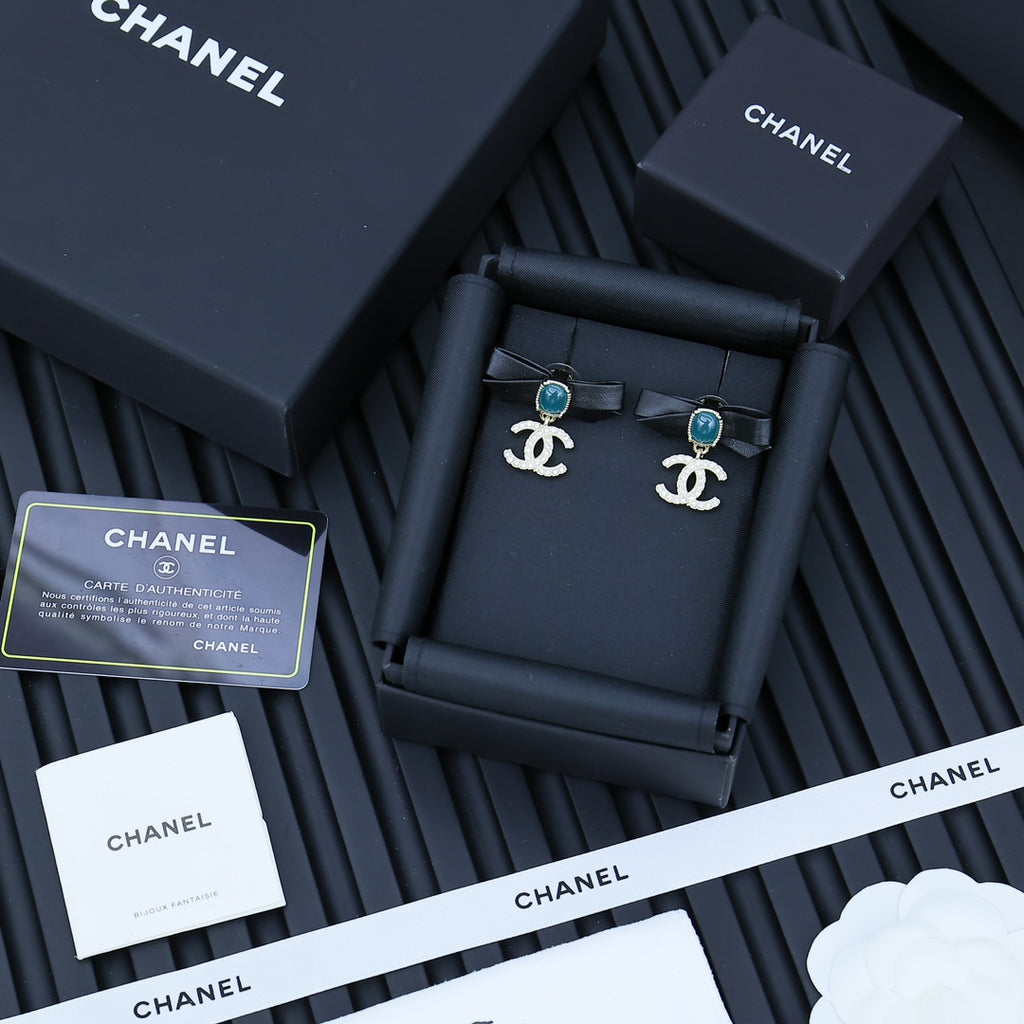 CHANEL Pearl Crystal Bow Earrings