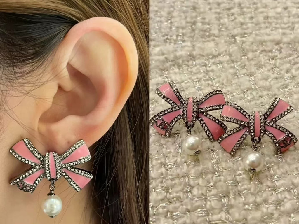 Pearl Enamel Bow Earrings