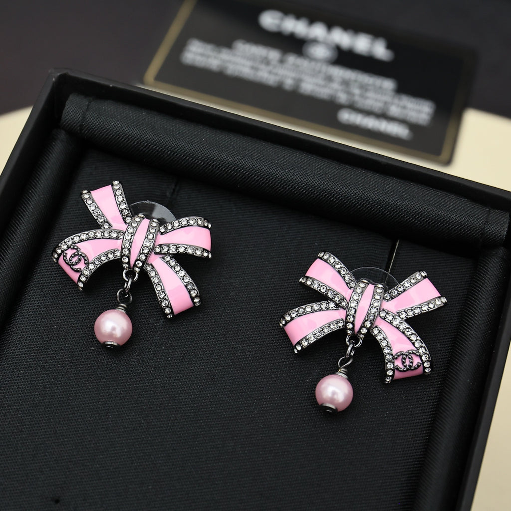 Pearl Enamel Bow Earrings