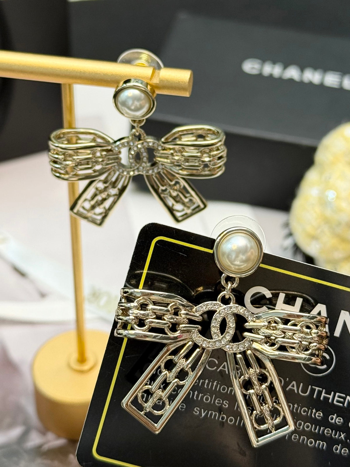CHANEL Pearl Crystal Bow Earrings