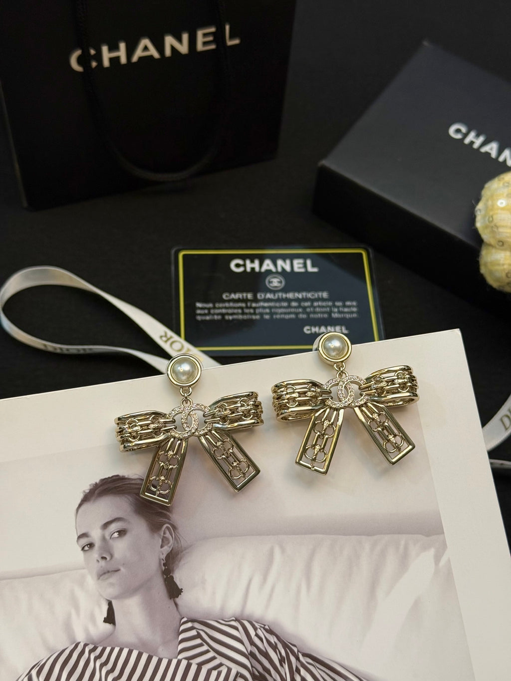 CHANEL Pearl Crystal Bow Earrings
