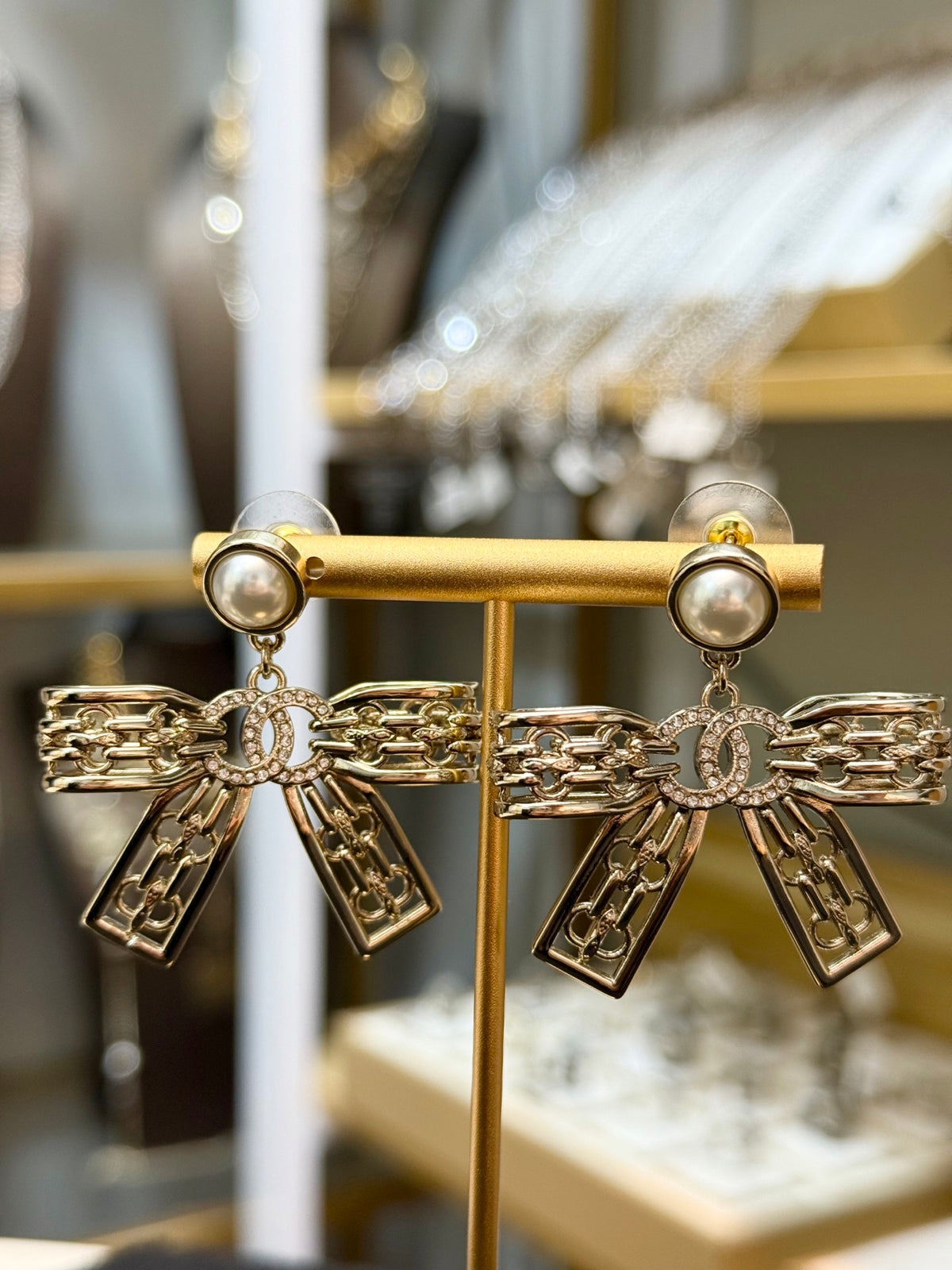 CHANEL Pearl Crystal Bow Earrings