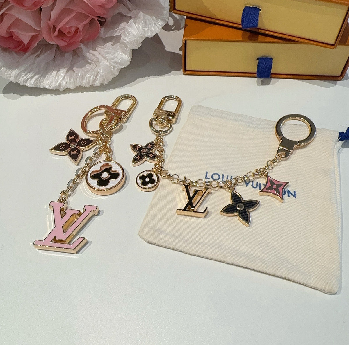 LOUIS VUITTON Canvas Flower Bag Charm Keychain