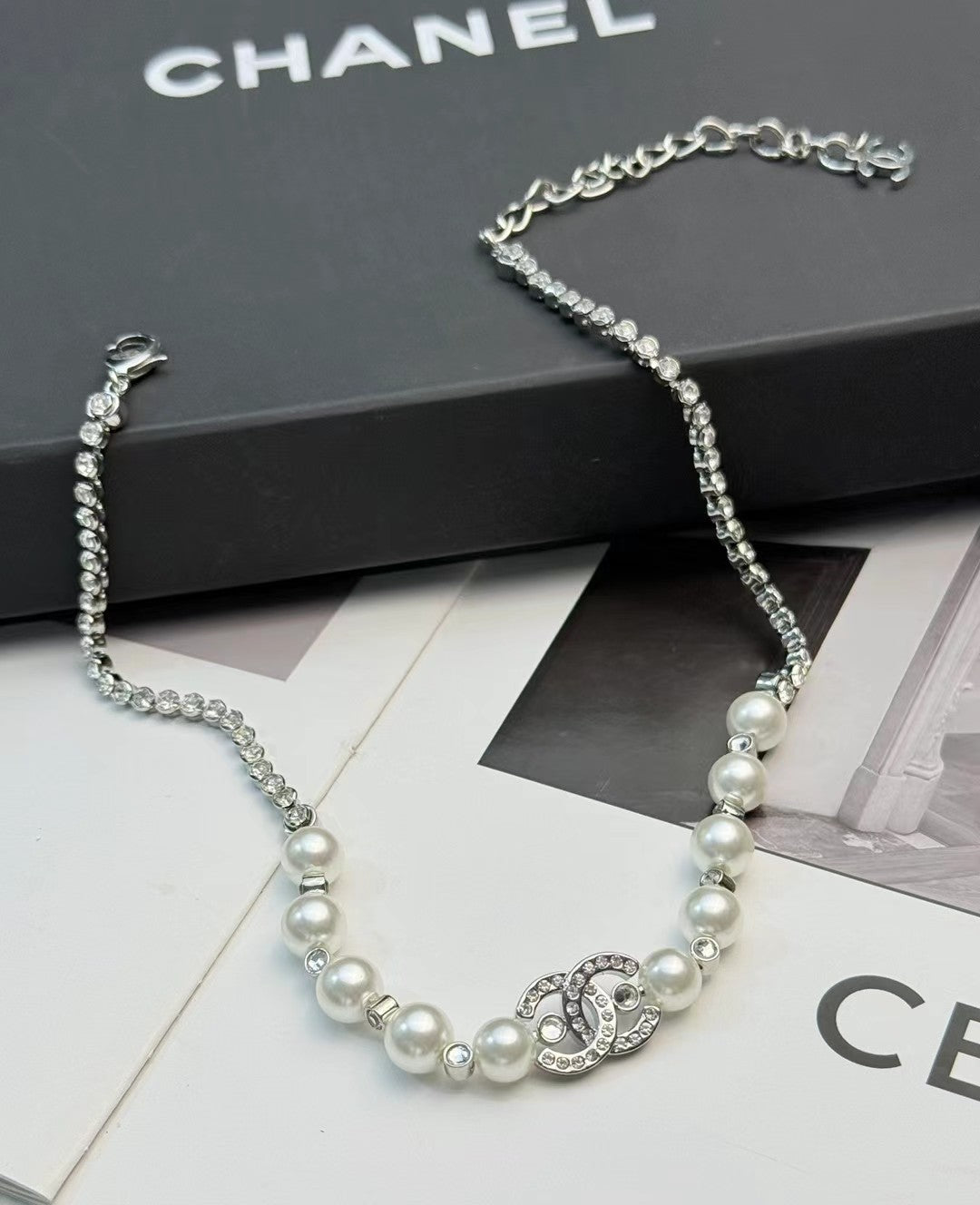 CHANEL Pearl Crystal Double-C Necklace