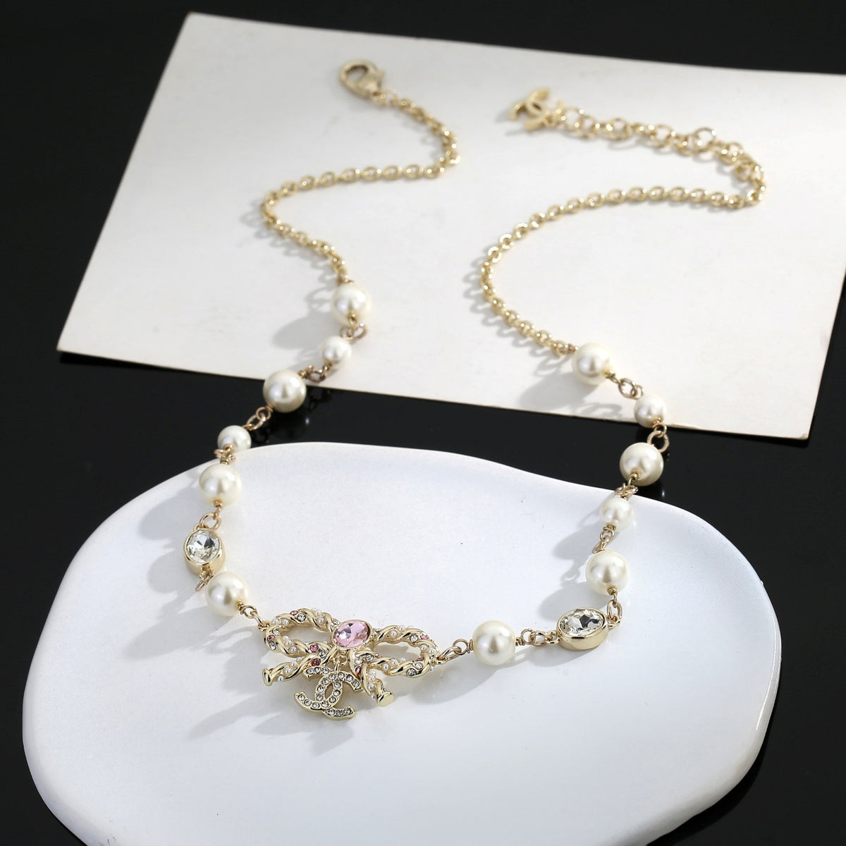 CHANEL Pearl Bow Long Necklace