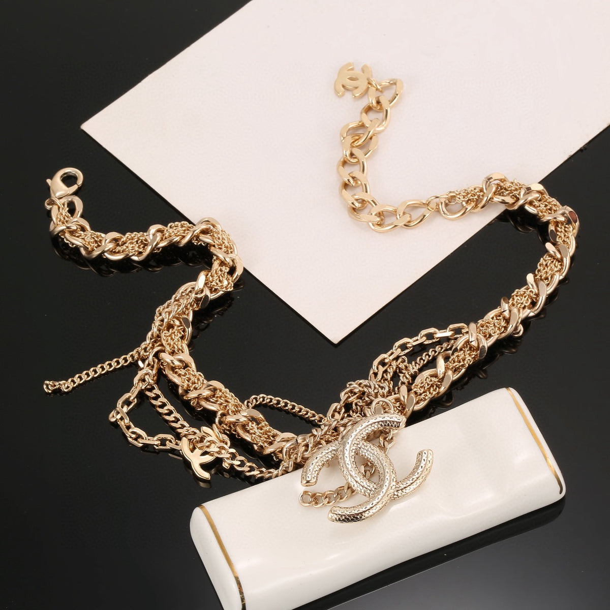 CHANEL Crystal Double-C Layered Necklace