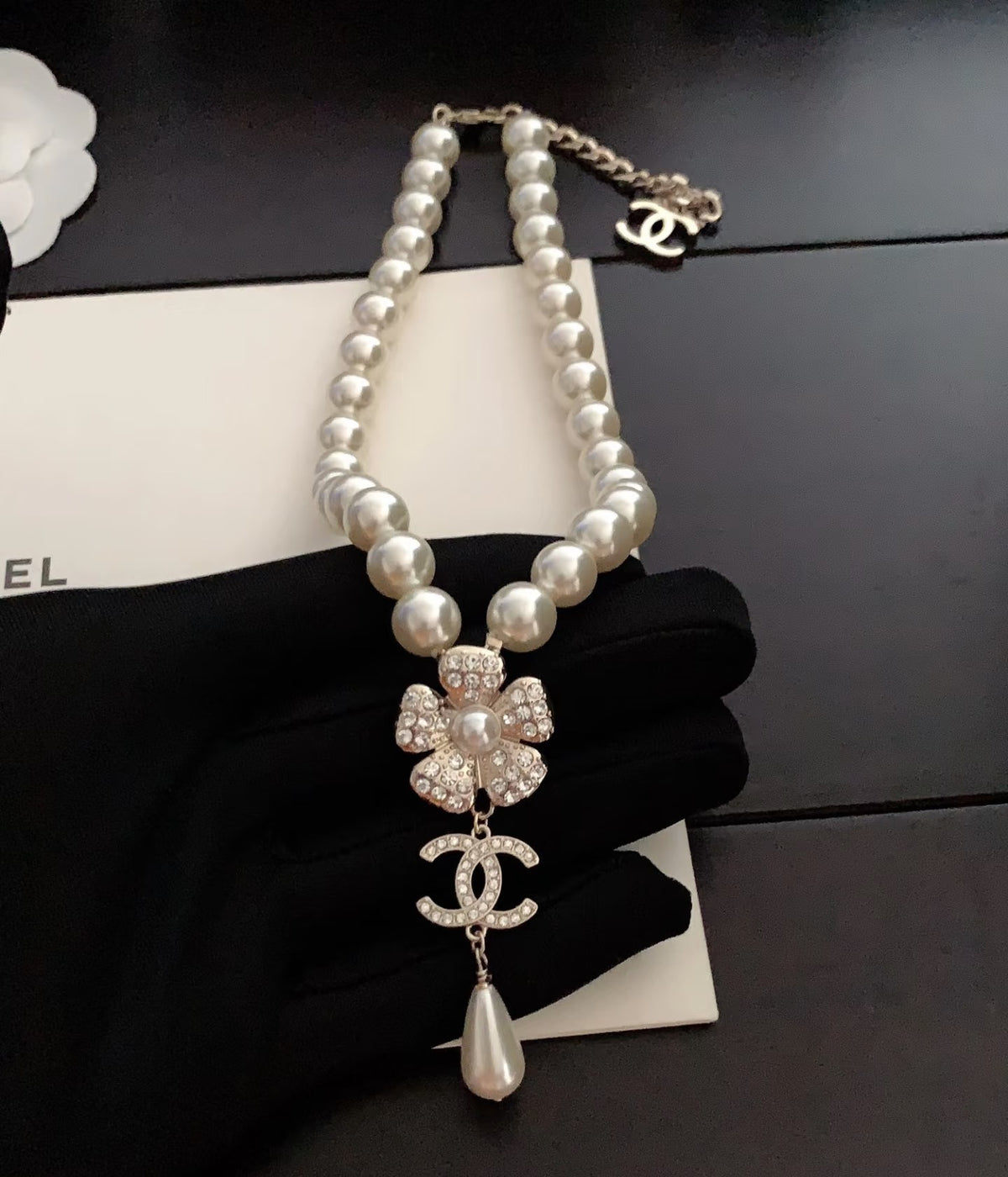CHANEL Pearl Double-C Camellia Long Necklace