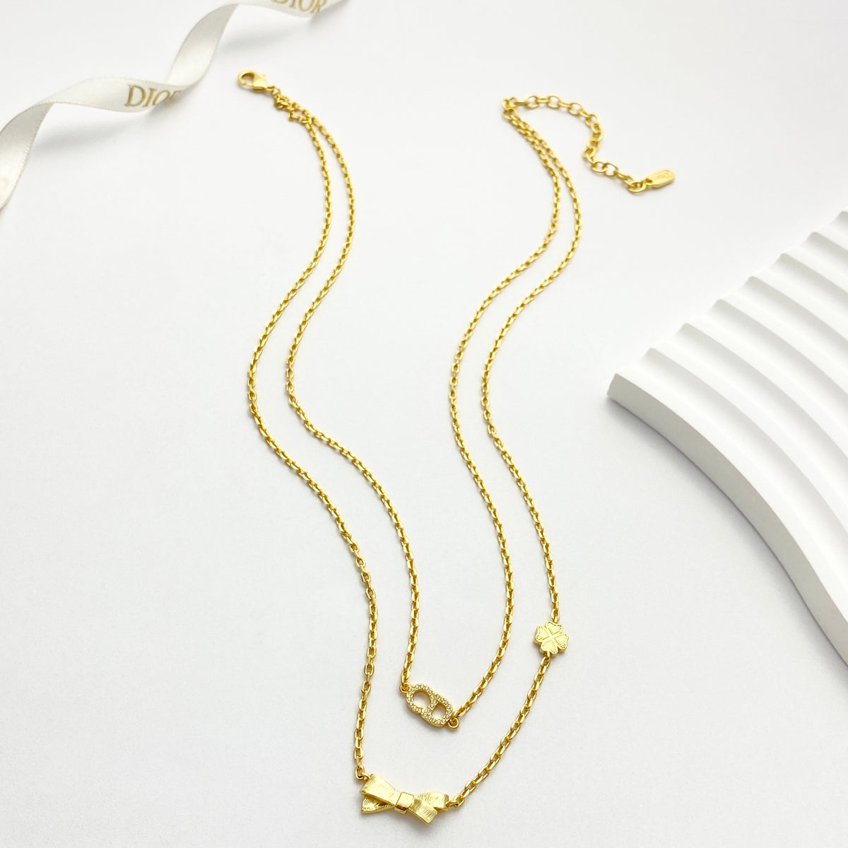 DIOR P75 Crystal Four-Leaf Clover Bow Necklace