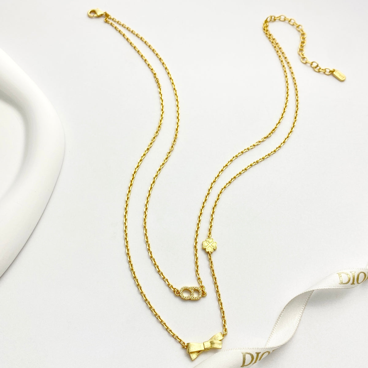 DIOR P75 Crystal Four-Leaf Clover Bow Necklace