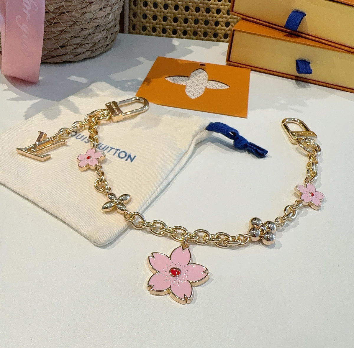 LOUIS VUITTON Canvas Cherry Blossom Bag Charm Keychain
