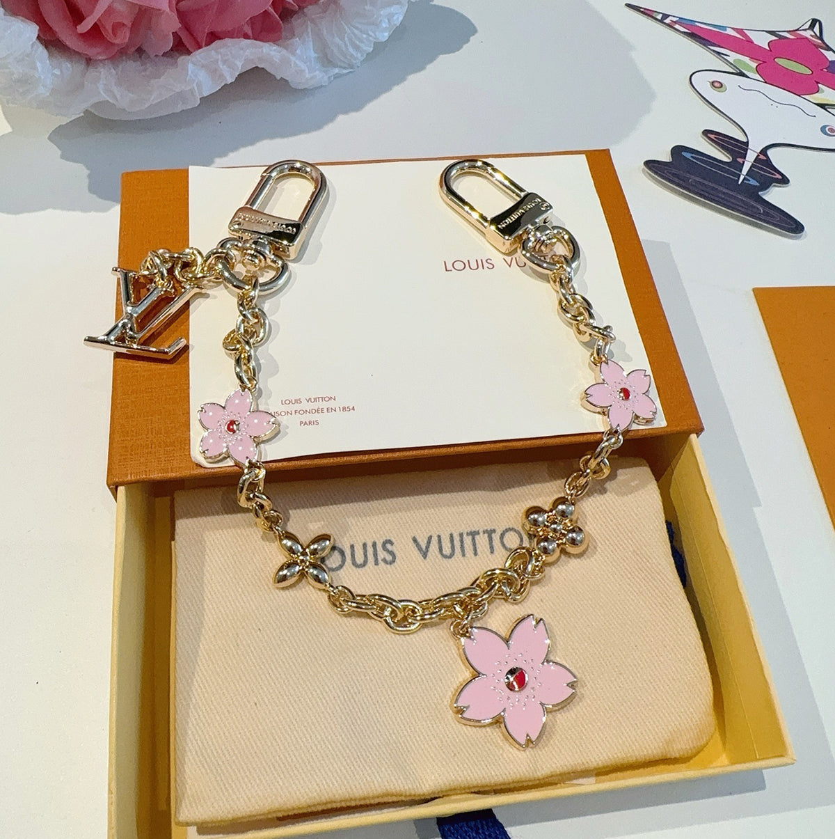 LOUIS VUITTON Canvas Cherry Blossom Bag Charm Keychain