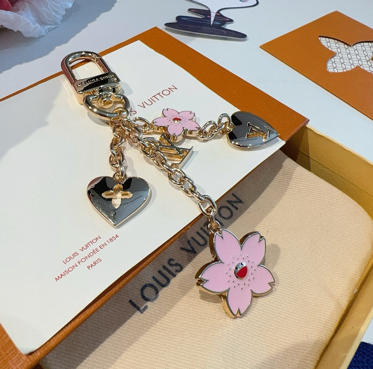 LOUIS VUITTON Canvas Cherry Blossom Bag Charm Keychain