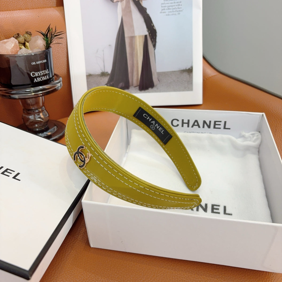 CHANEL Letter Logo Leather Metal Headband