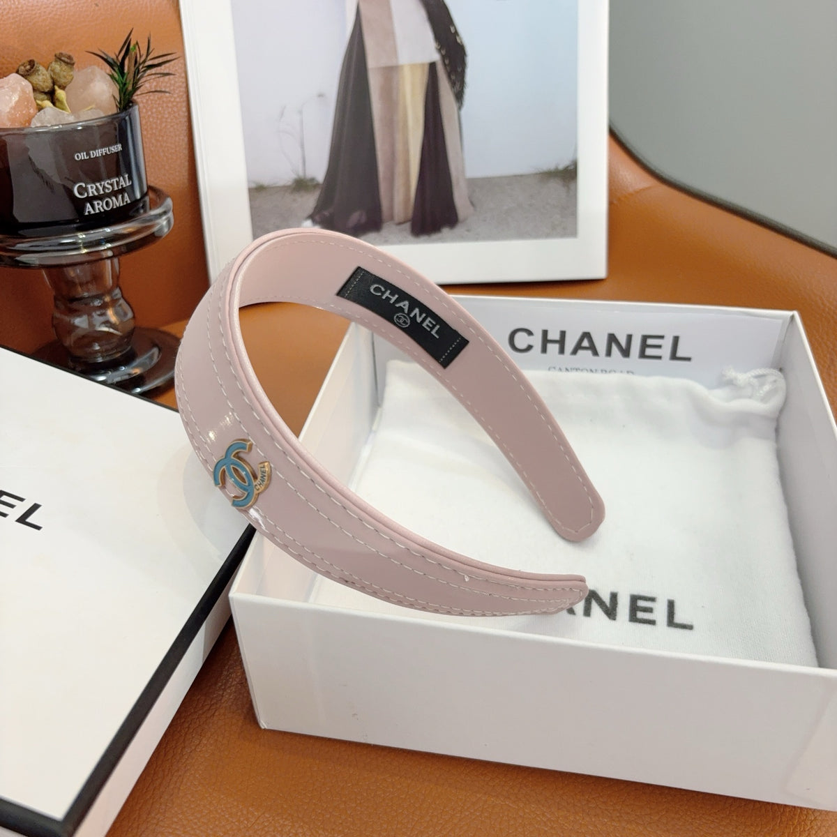 CHANEL Letter Logo Leather Metal Headband