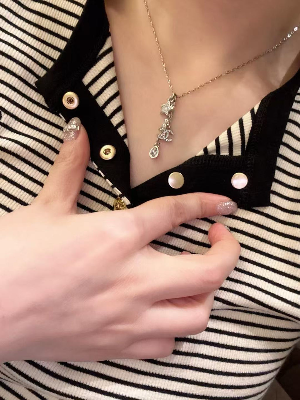 CHANEL Pearl Crystal Double-C Pendant Necklace