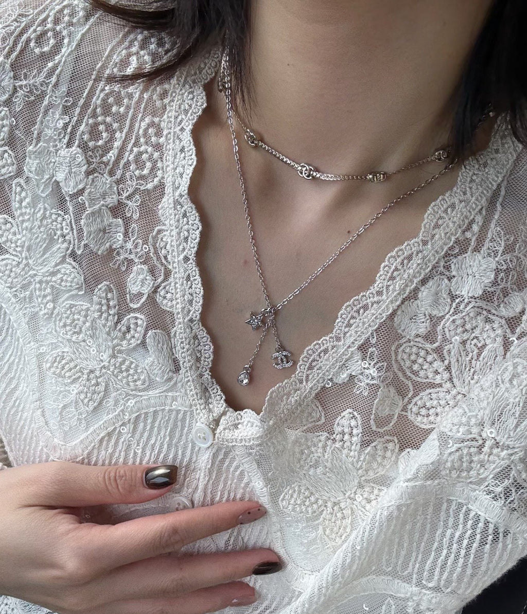 CHANEL Pearl Crystal Double-C Pendant Necklace