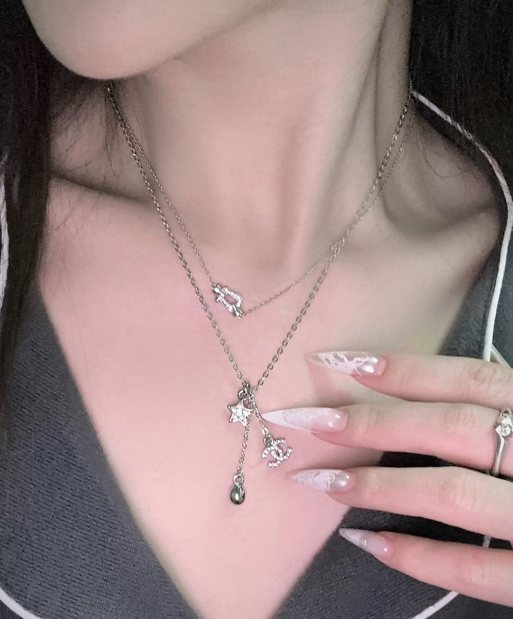CHANEL Pearl Crystal Double-C Pendant Necklace