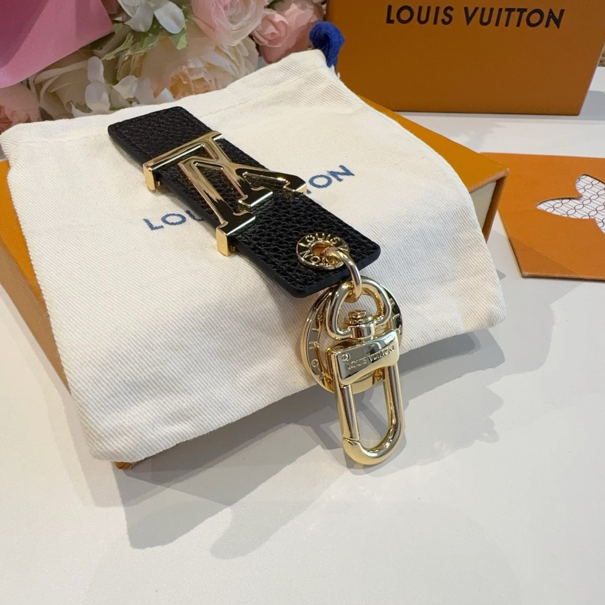 LOUIS VUITTON Leather Metal Bag Charm Keychain