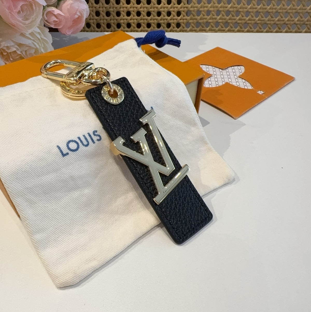 LOUIS VUITTON Leather Metal Bag Charm Keychain