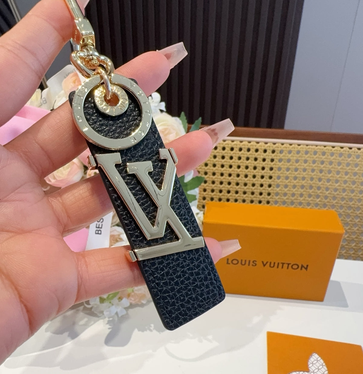 LOUIS VUITTON Leather Metal Bag Charm Keychain