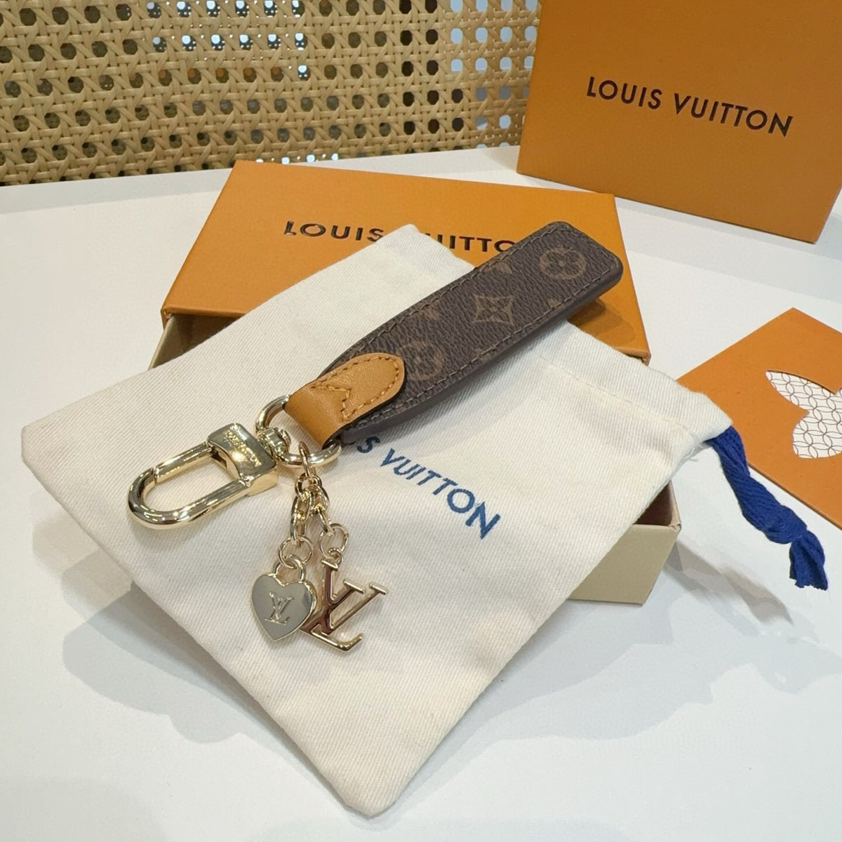 LOUIS VUITTON Leather Canvas Bag Charm Keychain
