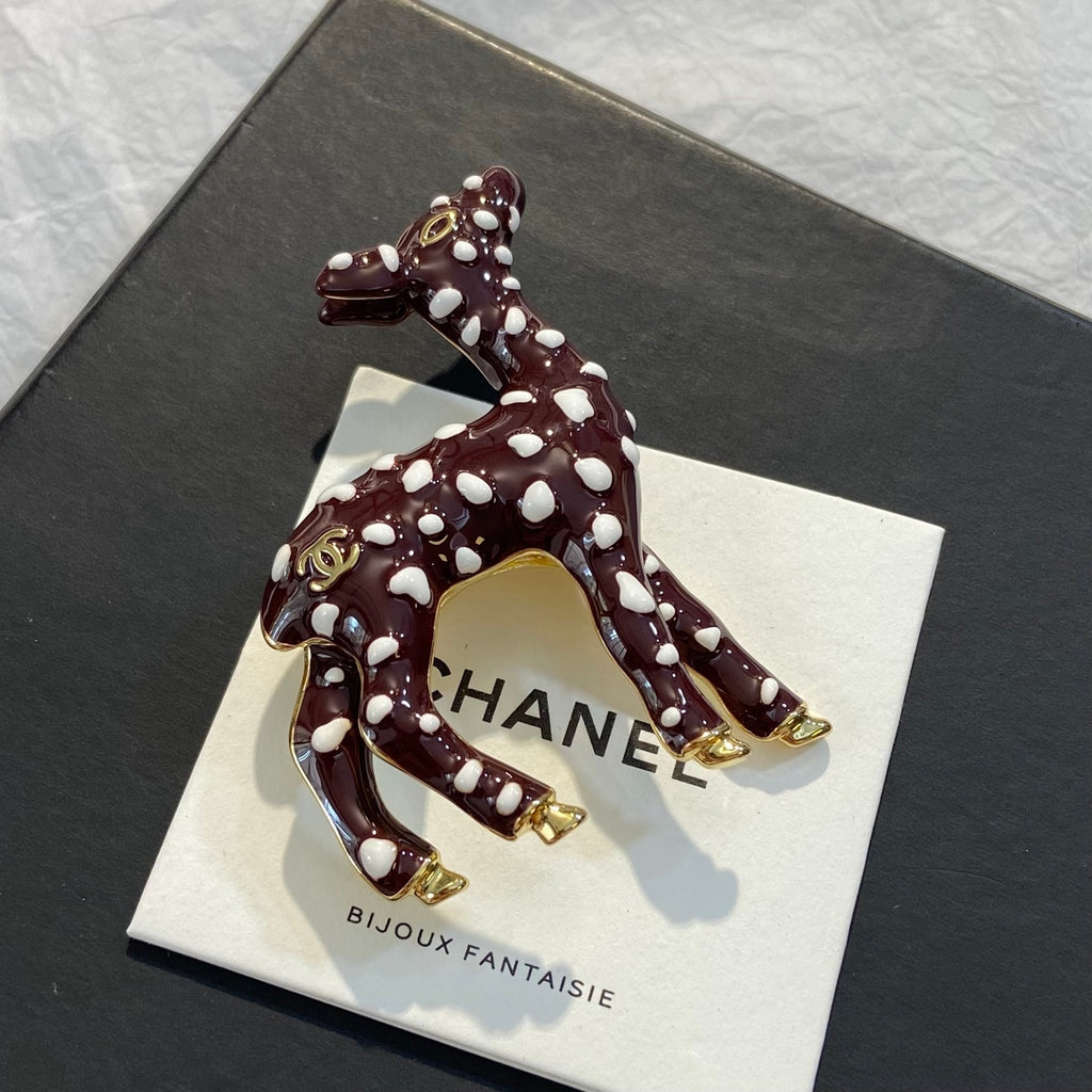 CHANEL Enamel Gold-Tone Vintage Deer Brooch