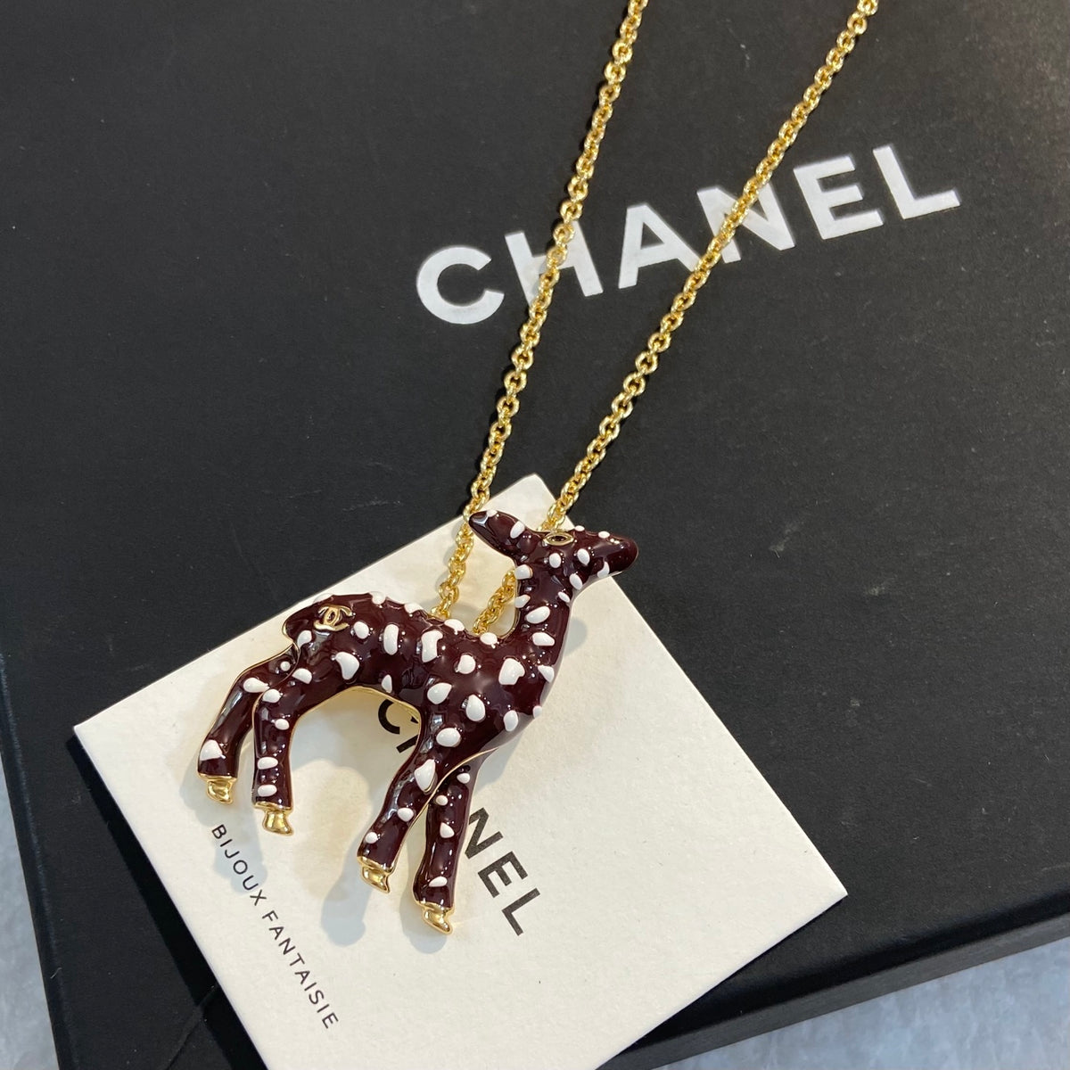 CHANEL Enamel Gold-Tone Vintage Deer Brooch