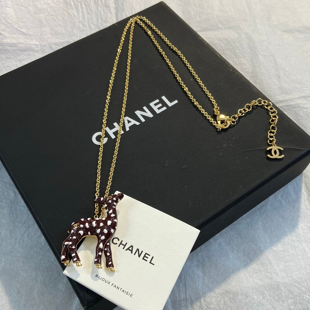 CHANEL Enamel Gold-Tone Vintage Deer Brooch