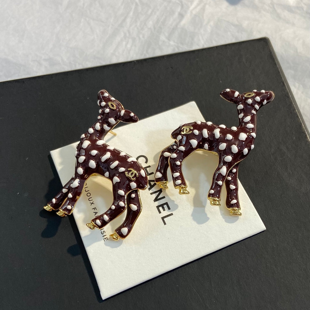 CHANEL Enamel Gold-Tone Vintage Deer Earrings