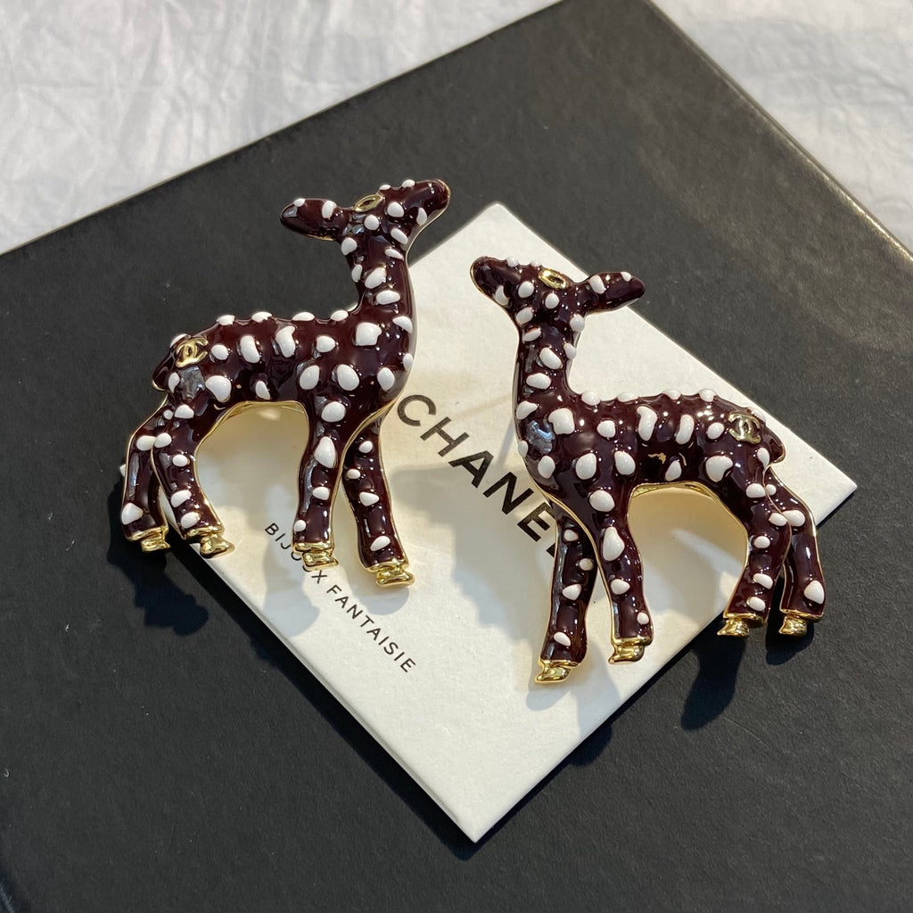 CHANEL Enamel Gold-Tone Vintage Deer Earrings