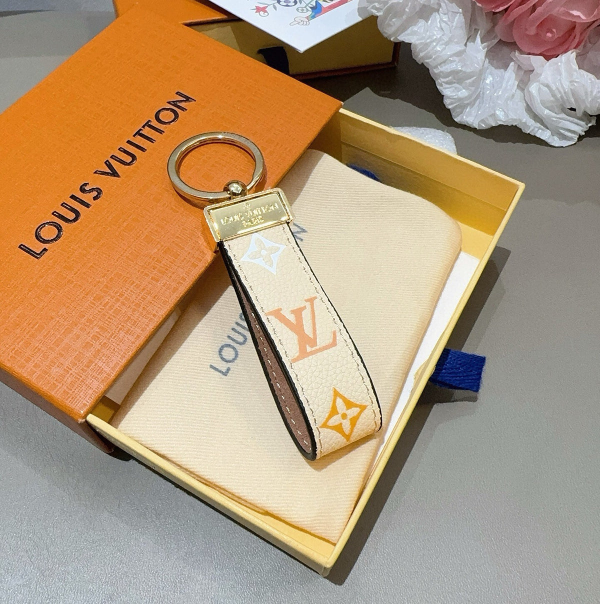 LOUIS VUITTON Leather Canvas Bag Charm Keychain