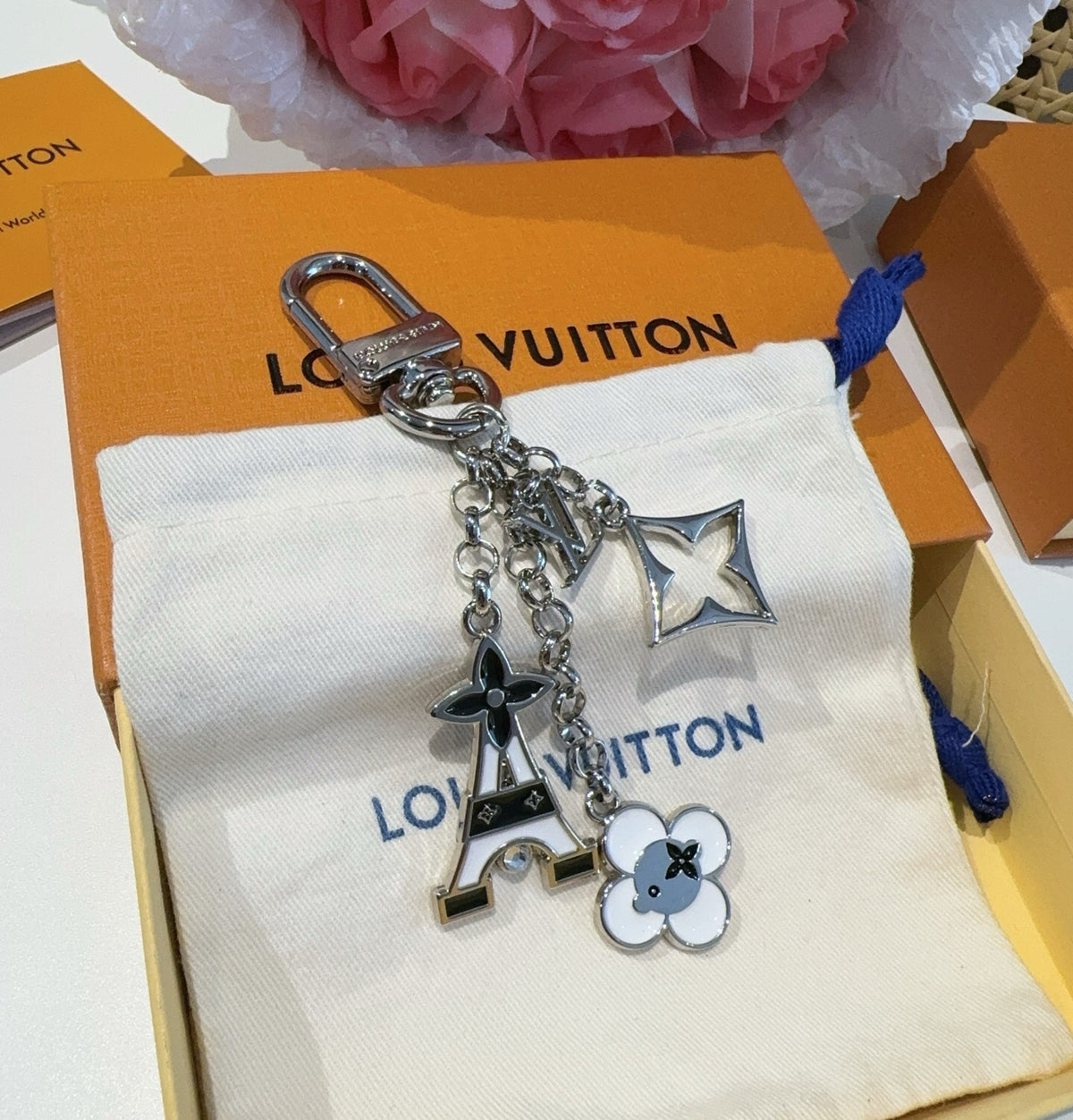 LOUIS VUITTON Canvas Flower Bag Charm Keychain