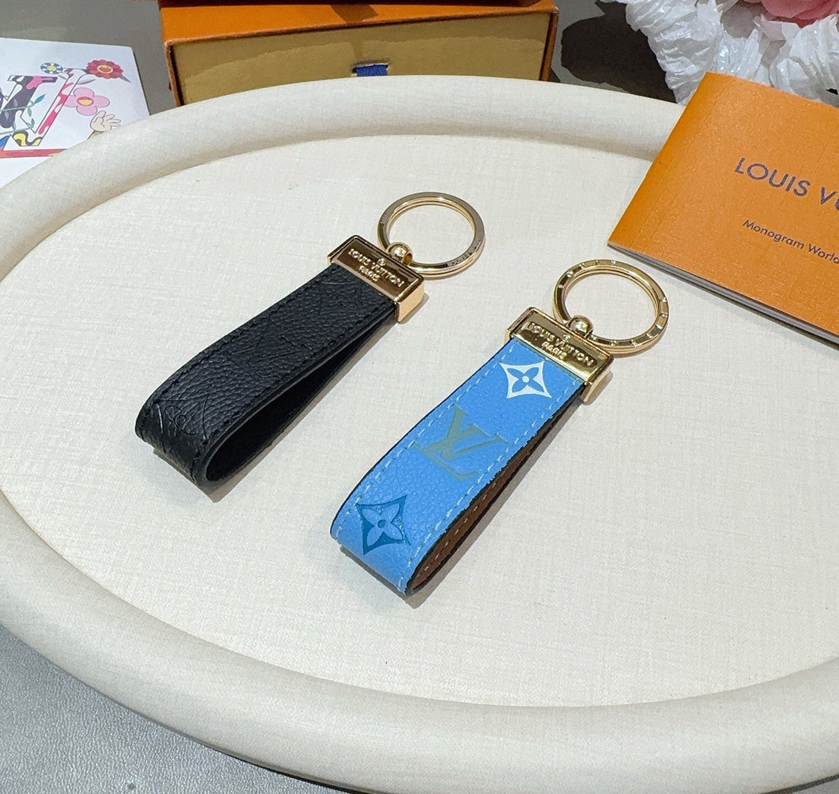LOUIS VUITTON Leather Canvas Bag Charm Keychain