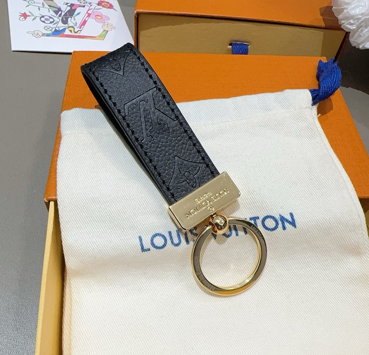 LOUIS VUITTON Leather Canvas Bag Charm Keychain