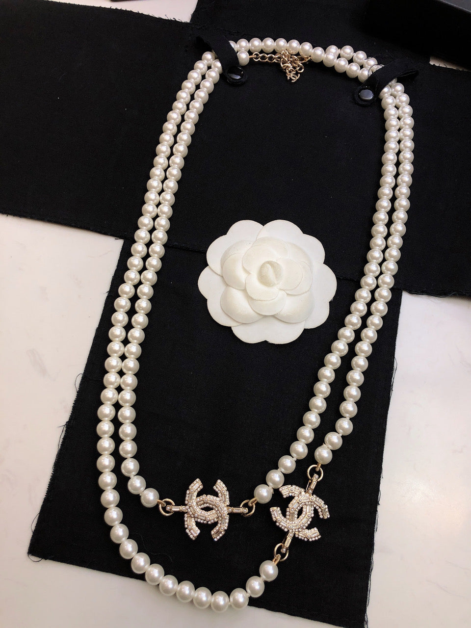CHANEL Pearl Crystal Double-C Long Necklace