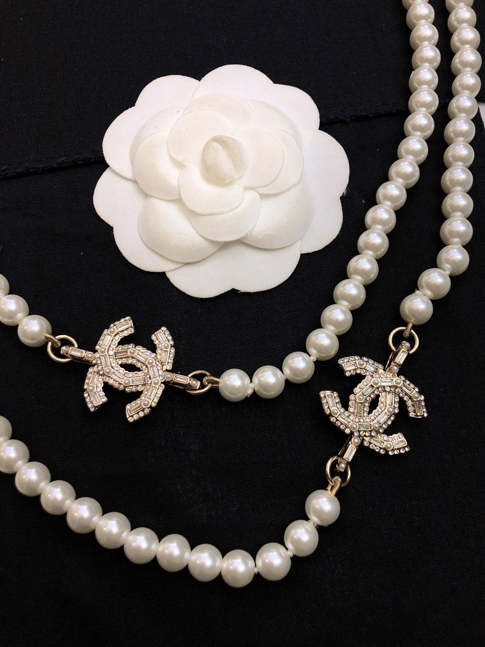 CHANEL Pearl Crystal Double-C Long Necklace