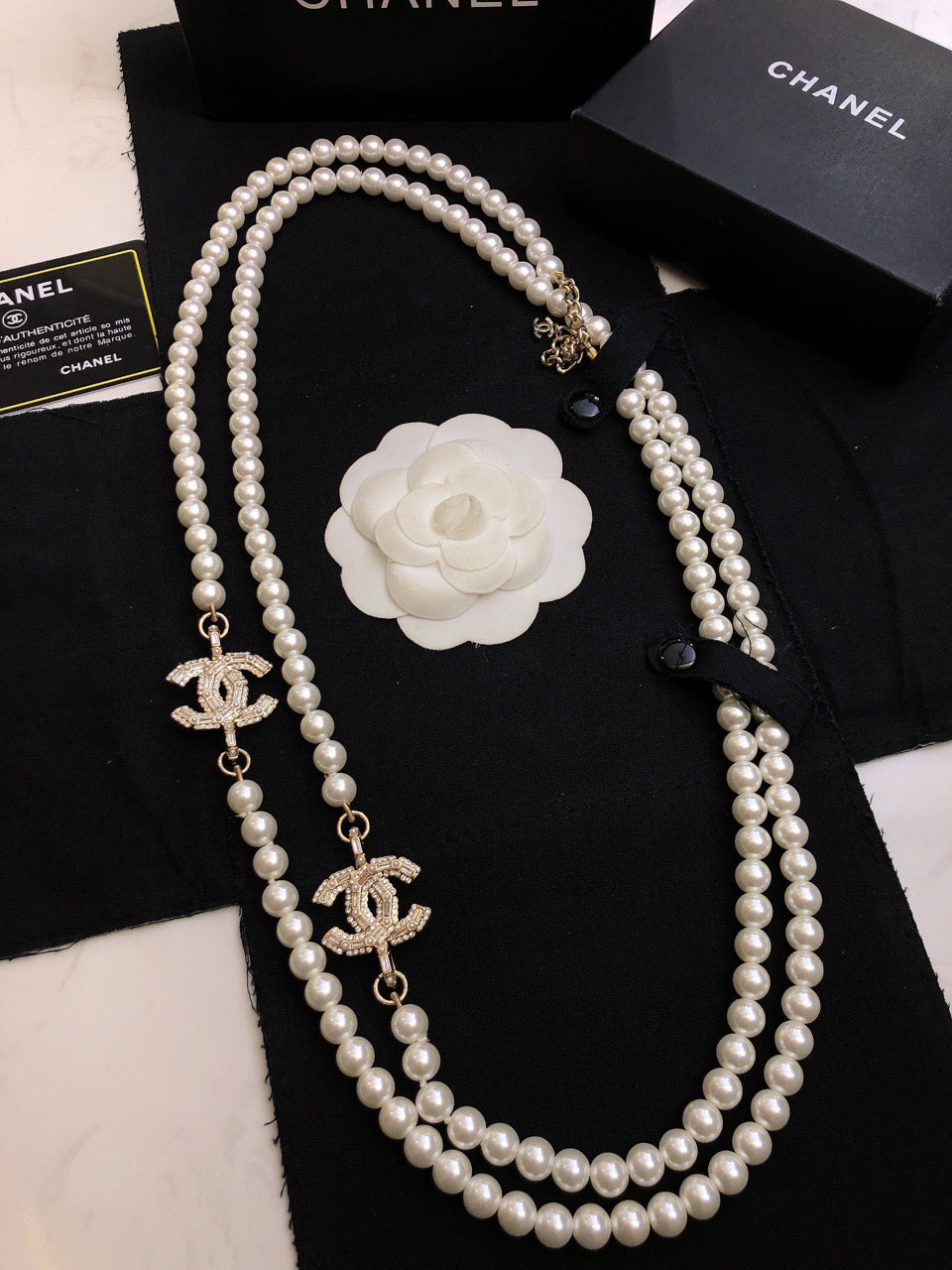 CHANEL Pearl Crystal Double-C Long Necklace
