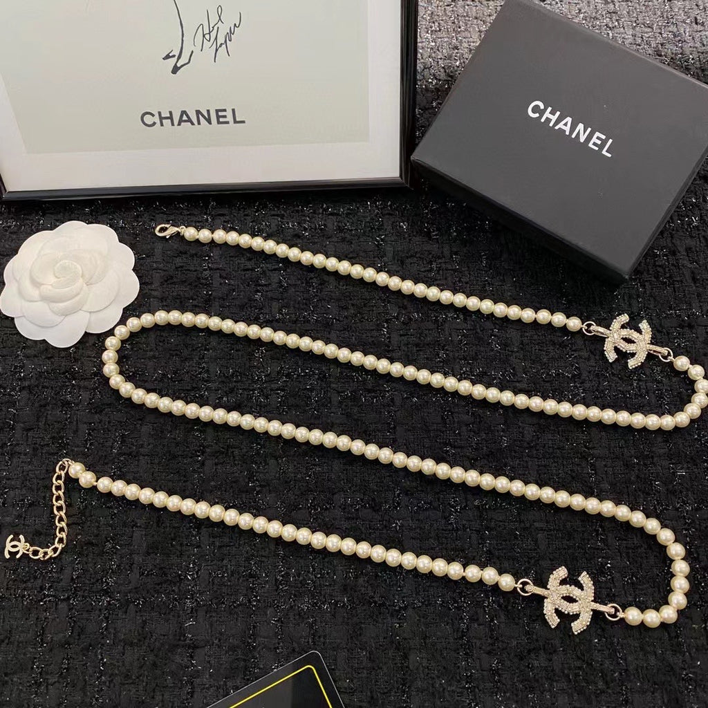 CHANEL Pearl Crystal Double-C Long Necklace