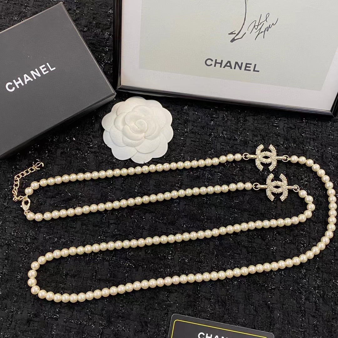 CHANEL Pearl Crystal Double-C Long Necklace