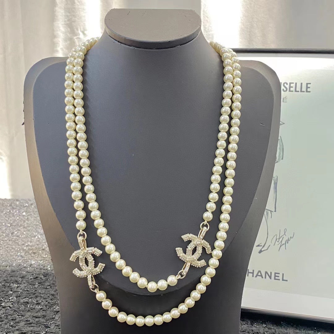 CHANEL Pearl Crystal Double-C Long Necklace