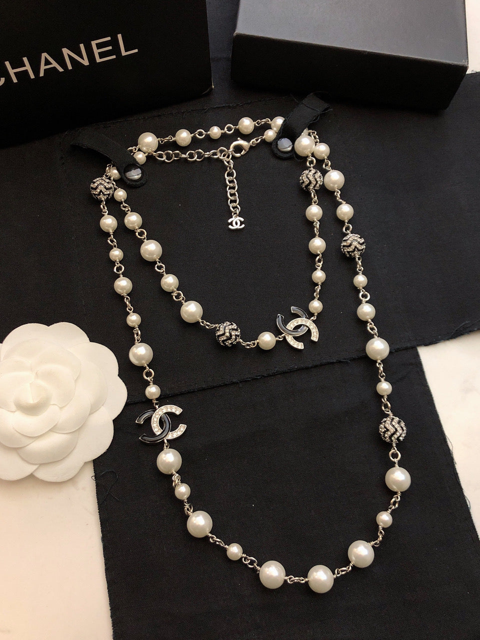 CHANEL Pearl Crystal Double-C Long Necklace