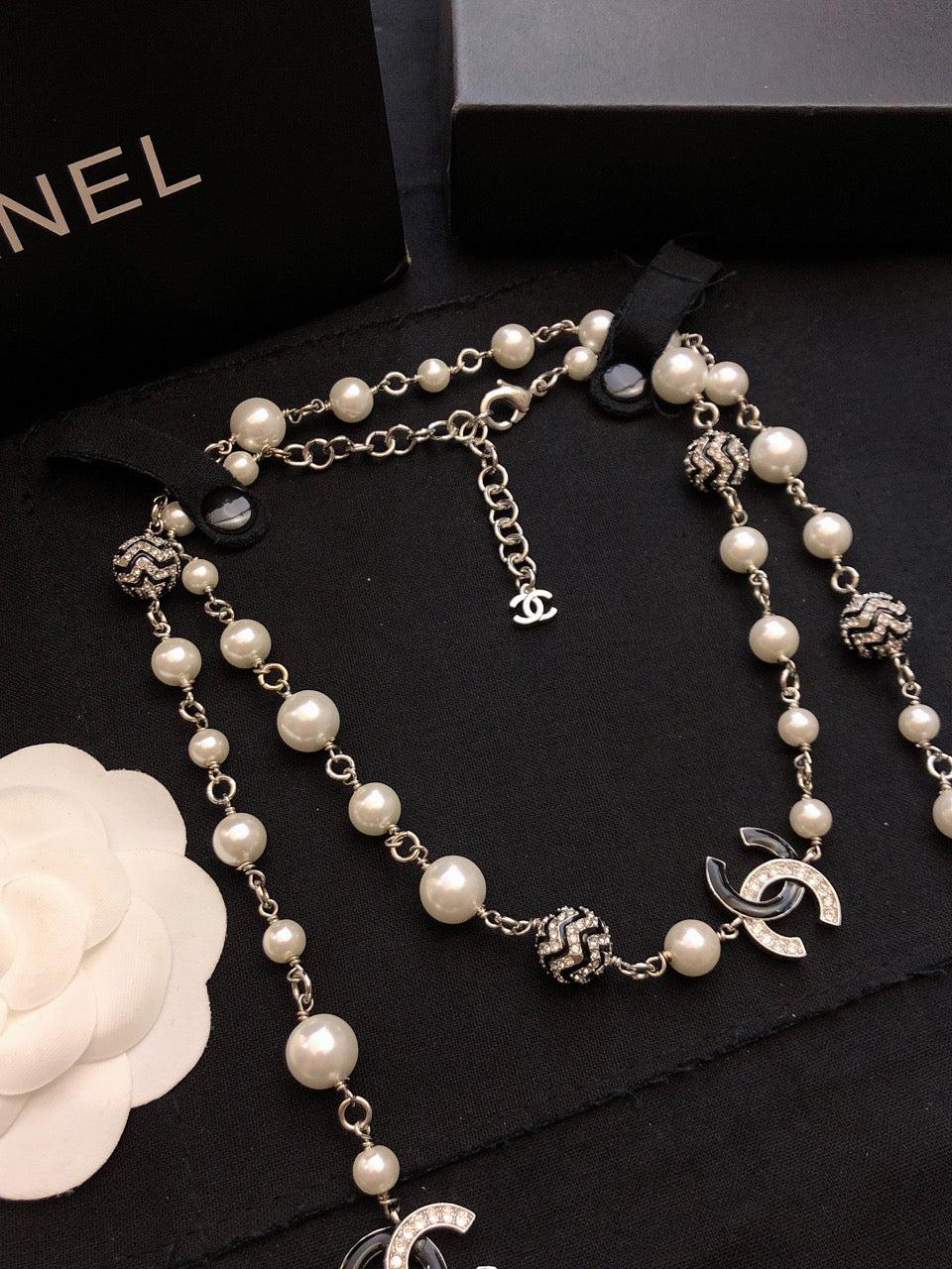 CHANEL Pearl Crystal Double-C Long Necklace