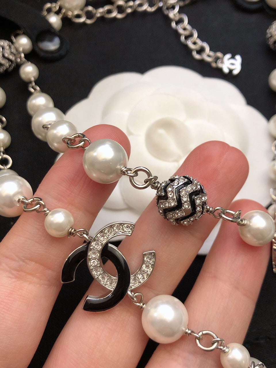 CHANEL Pearl Crystal Double-C Long Necklace