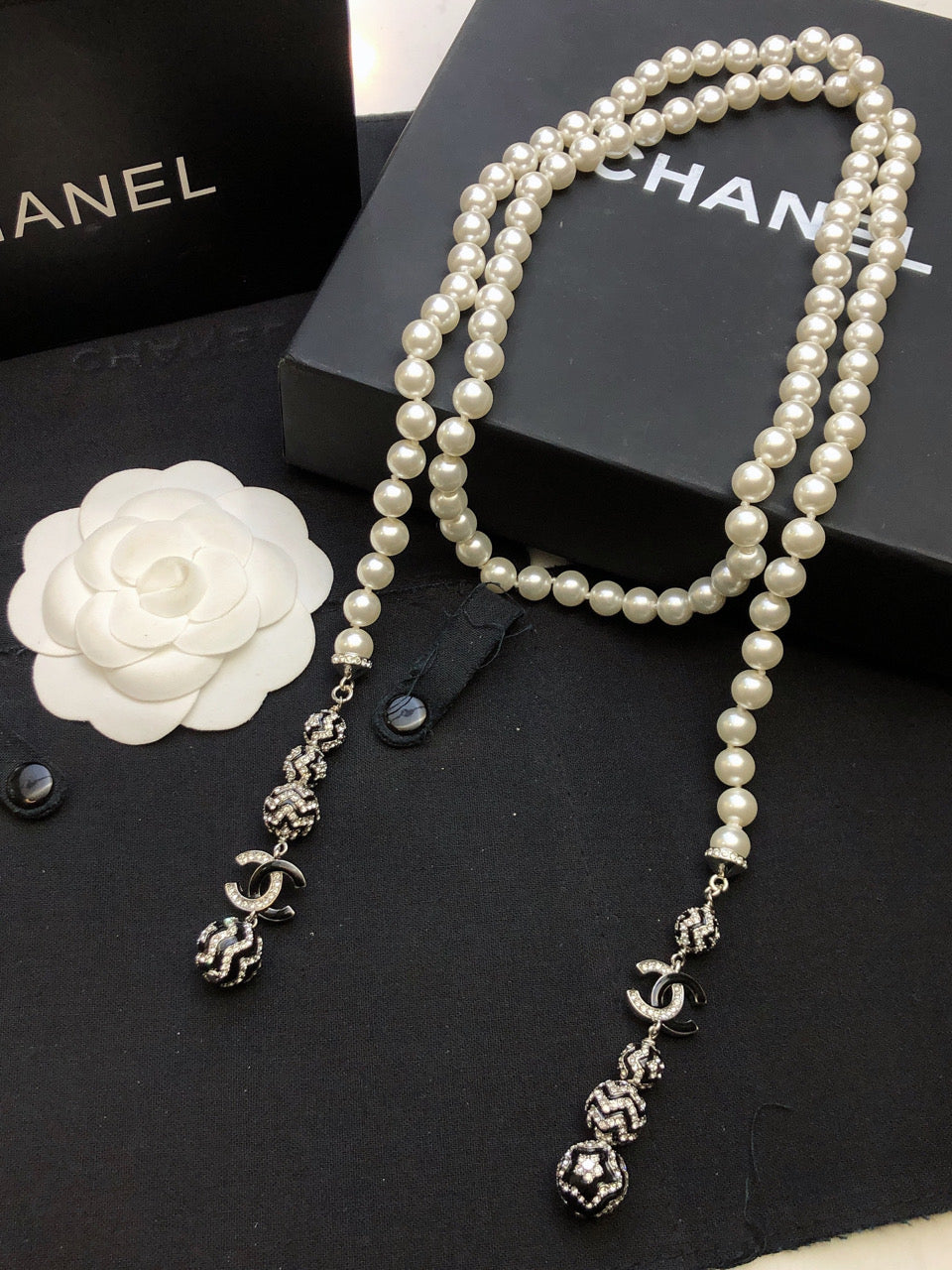 CHANEL Pearl Crystal Double-C Long Necklace
