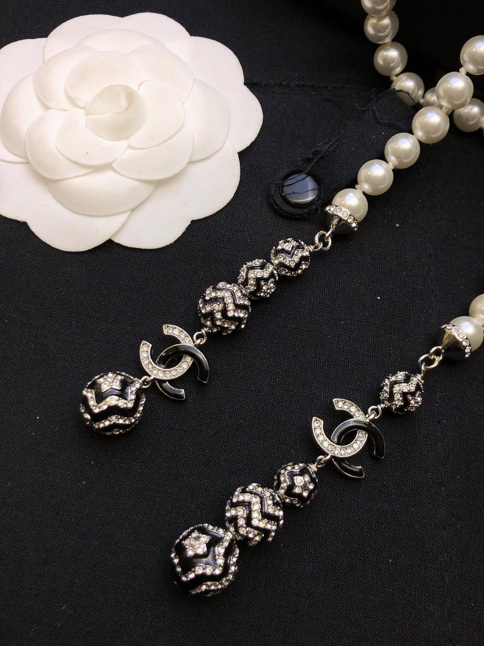 CHANEL Pearl Crystal Double-C Long Necklace