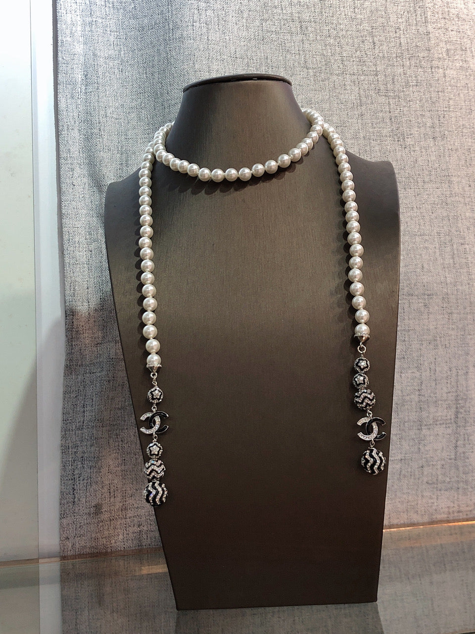 CHANEL Pearl Crystal Double-C Long Necklace