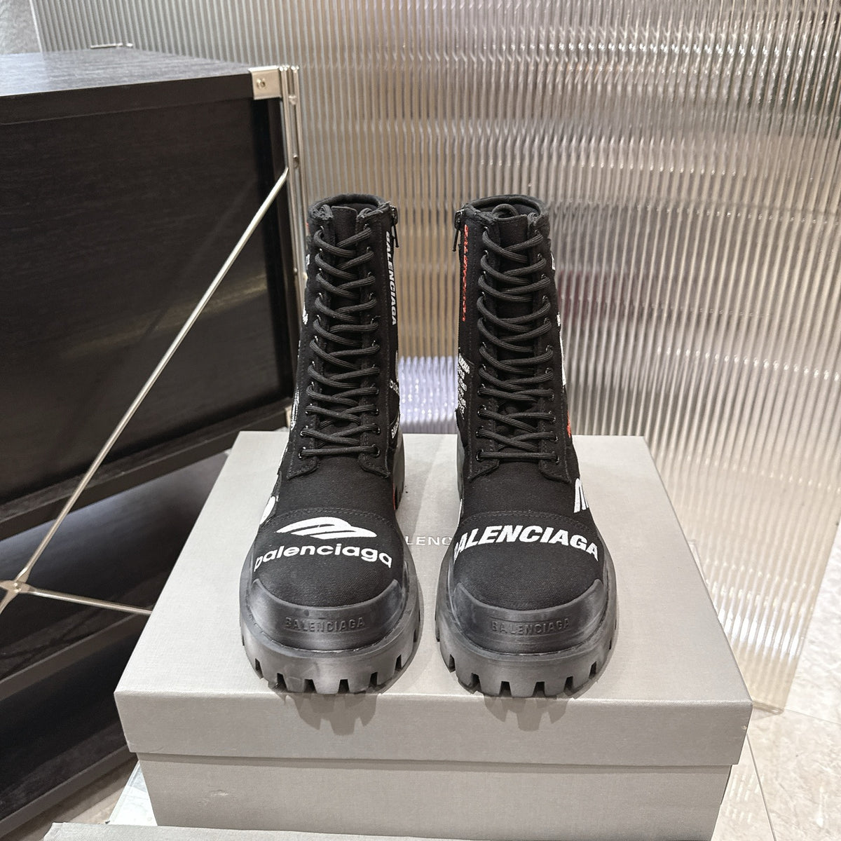 Balenciaga Logo-Print Canvas Combat Boots #01