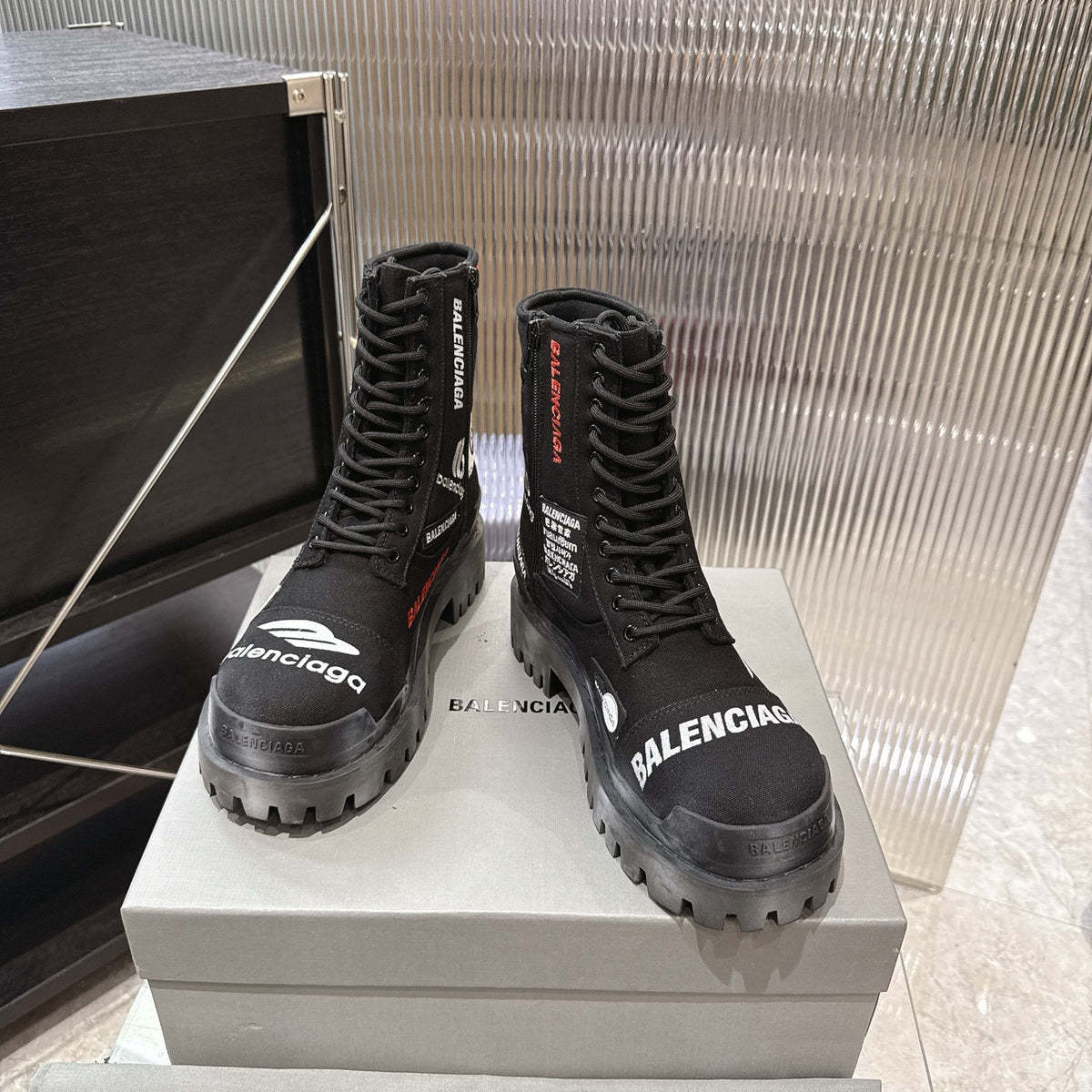 Balenciaga Logo-Print Canvas Combat Boots #01