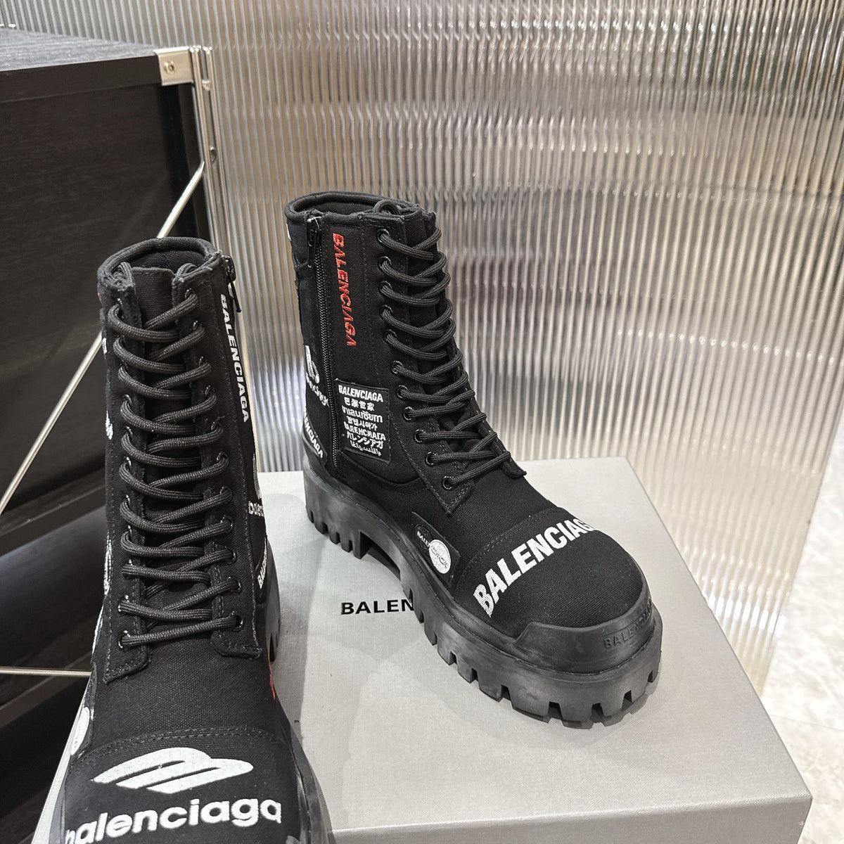 Balenciaga Logo-Print Canvas Combat Boots #01