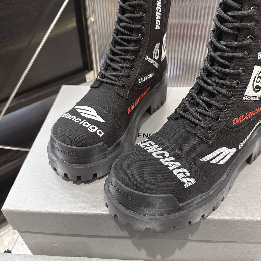 Balenciaga Logo-Print Canvas Combat Boots #01